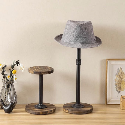 MyGift 2 Pcs Hat Organizer for Baseball Caps, Cowboy Hat Rack Stand for Helmet with Adjustable Height, Tabletop Wig or Jewelry Display Riser, Rustic Burnt Wood with Industrial Metal Pipe
