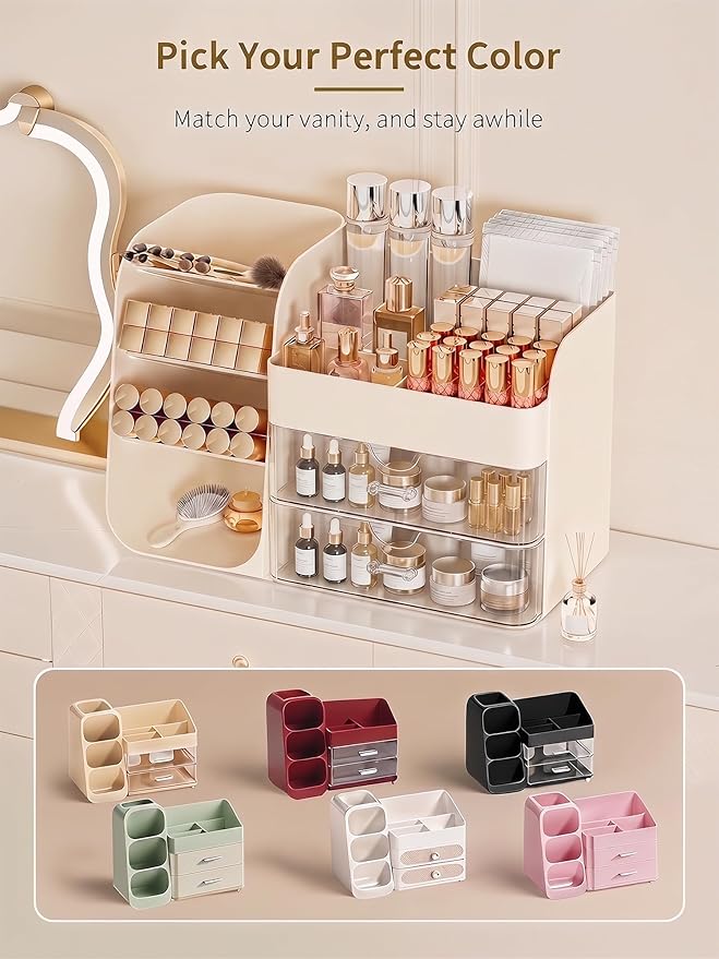 Booklov Makeup Organizer for Vanity, Countertop Cosmetic Display Case with Clear Acrylic Drawers, Bathroom Counter Beauty Caddy, Cute Table Storage Holder for Skincare, Brush Lipsticks, Crystal Creem