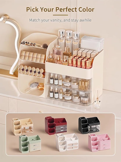 Booklov Makeup Organizer for Vanity, Countertop Cosmetic Display Case with Clear Acrylic Drawers, Bathroom Counter Beauty Caddy, Cute Table Storage Holder for Skincare, Brush Lipsticks, Crystal Creem