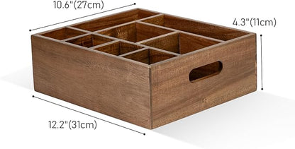 VaeFae Acacia Wood Caddy Organizer, Napkin and Paper Plate Holder, Wooden Utensil Holder, Silverware Caddy for Kitchen, Camping, Party