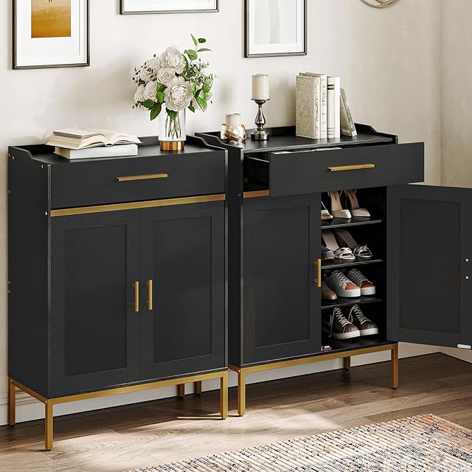 HOOBRO Shoe Cabinet with Doors and Drawer, Holds 12–18 Pairs, Large Capacity Shoe Storage Cabinet with Adjustable Shelves, Freestanding Wooden Shoe Organizer for Entryway, Black DB14SC01