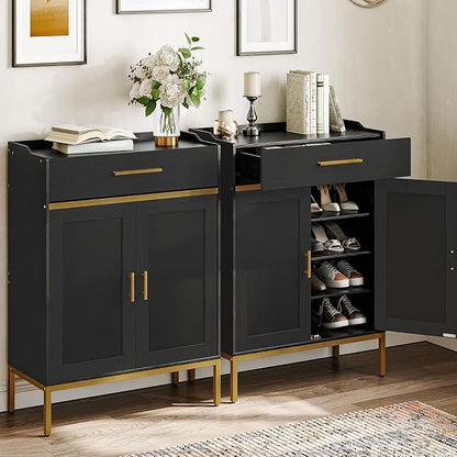 HOOBRO Shoe Cabinet with Doors and Drawer, Holds 12–18 Pairs, Large Capacity Shoe Storage Cabinet with Adjustable Shelves, Freestanding Wooden Shoe Organizer for Entryway, Black DB14SC01