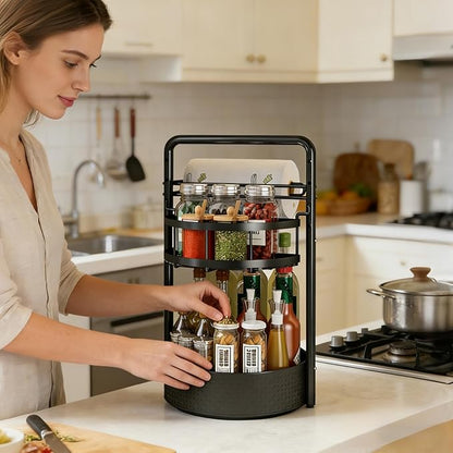 Rotating Spice Rack with Paper Towel Holder, 2 Tier Turntable Lazy Susan, Seasoning Organizer for Kitchen Countertop Cabinet, Black
