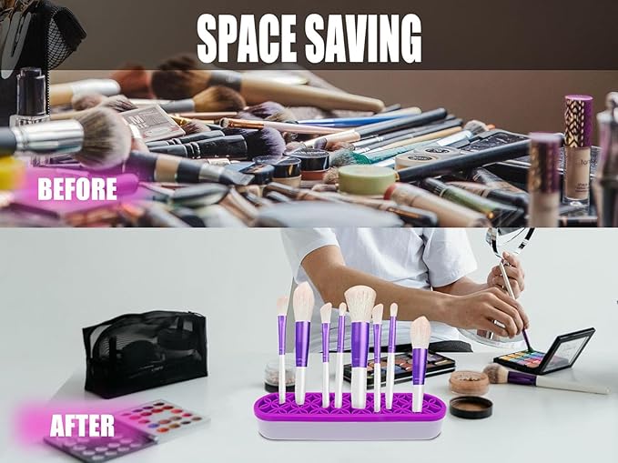 2Pcs Silicone Makeup Brush Holder Stand Purple Make Up Brushes Holder Organizer Makeup Brush Holders for Painting Pen Brushes Nail Clippers Drill Pens Ruler Sewing Craft Tools