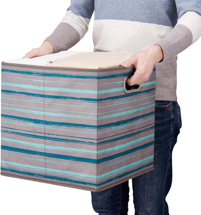 13 inch Collapsible Storage Cubes Bins Teal Stripes Fabric Storage Boxes Foldable Cube Inserts Storage Grey Printed Folding Cloth Storage Baskets Drawer Organizer ,QY-SC05-6