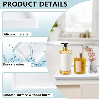 2 Pack Bathroom Tray Countertop, Large 12'' Shatterproof Silicone Vanity Tray Rectangular Toilet Tank Tray, Soap Dispenser Tray Sponge Holder for Kitchen Sink (White)
