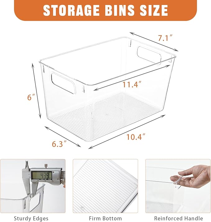 Freebat 12 Pack Large Clear Plastic Storage Bins,Plastic Containers with Handle for Pantry Organizer and Storage,Perfect for Kitchen,Fridge,Cabinet, Closet,Bathroom Under Sink Storage