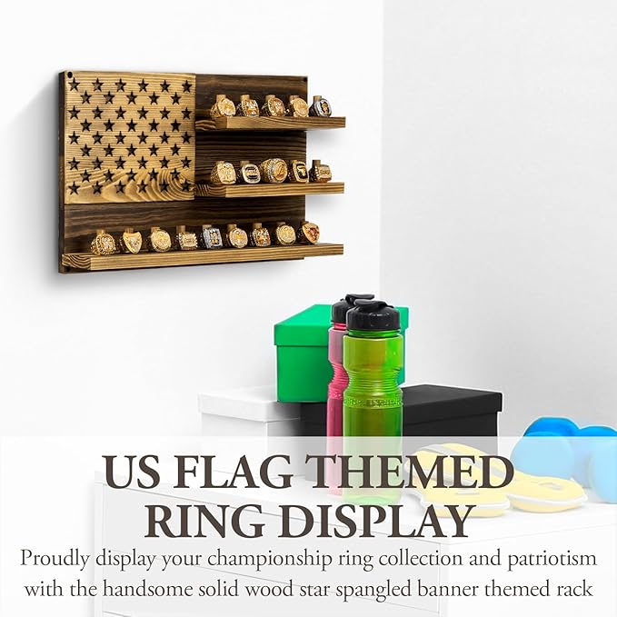MyGift 2 Tier Wall Mounted Rustic Burnt Solid Wood Sports Championship Ring Holder with Basketball Cutout Backing, Jewelry Storage Display with 12 Pegs (3 Tier Wall Mounted)