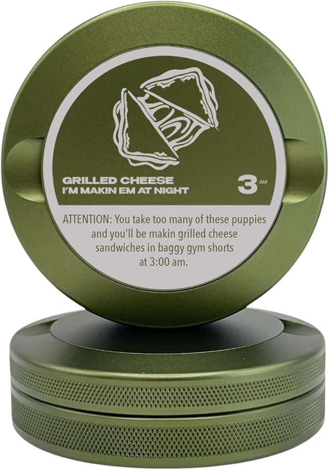 Grilled Cheese | Metal Container for Zyn, Premium Aluminum Can & Rugged Pouch Holder | Extra Capacity, Knurled Grip & Used Pouch Storage | EDC (Military Green)