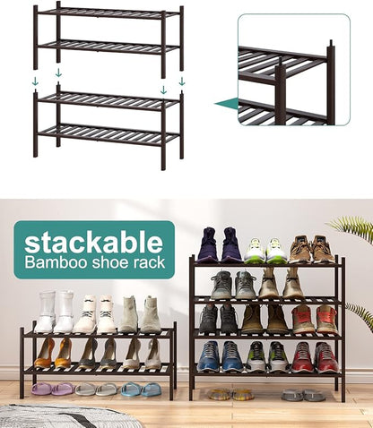 viewcare 2-Tier Shoe Rack for Entryway, Bamboo Shoe Rack for Closet, Free Standing Shoe Racks for Indoor Outdoor, Stackable Shoe Shelf Storage Organizer for Hallway Closet