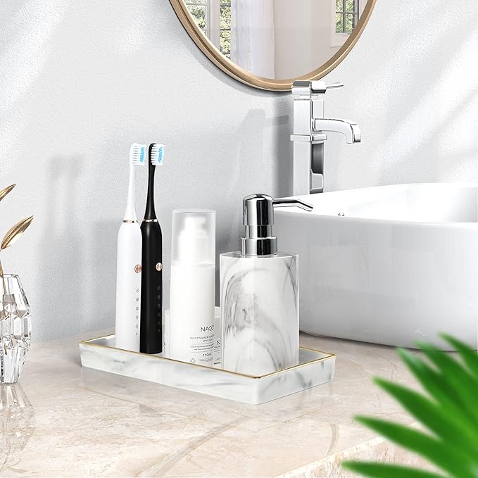 Luxspire Vanity Tray, Marble Ceramic Jewelry Dish Tray, Bathroom Tray with Golden Edged Home Décor, Countertop Organization Bathroom Holder Organizer for Candles, Perfume - Marble White