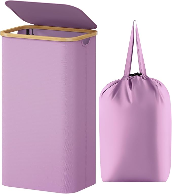 Lifewit 100L Laundry Basket with Lid, Clothes Hampers for Laundry with Bamboo Handles and 1 Removable Bag, Large Foldable Laundry Hamper for Bedroom, Bathroom, Dorm, Laundry Room, Purple