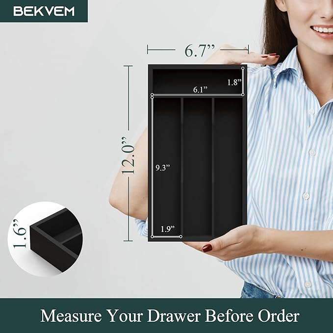 Small Silverware Organizer, Bamboo Kitchen Drawer Organizer, Utensil Holder, Cutlery Tray & Spoon Flatware Storage with Grooved Drawer Dividers (Black, 6.7''W x 12''D)