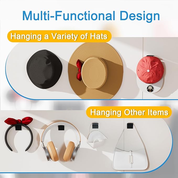 24 Pack Adhesive Hat Rack for Wall, Hat Organizer for Baseball Caps, Strong Multi-Purpose Hat Hooks, Hat Holder Hanger on Wall, Door, Closet, No Drilling (Black)