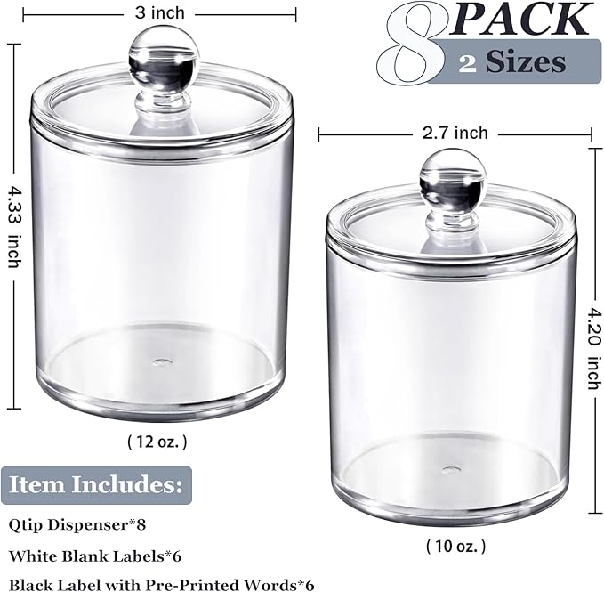 SheeChung 8 Pack Clear Acrylic Apothecary Jars with Labels,(4) 12oz & (4) 10oz Qtip Holder Set,Shatterproof Bathroom Vanity Organizer for Cotton Swabs,Balls,Pads,Bathroom Essentials,Minimalist Decor