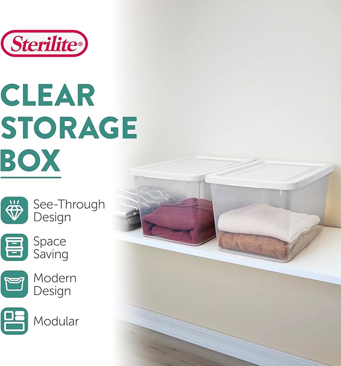 Sterilite 18 Pack Storage Boxes, Clear Plastic Stackable Containers, Lightweight Home Organizers with Snap Lids, 20 Quart, White