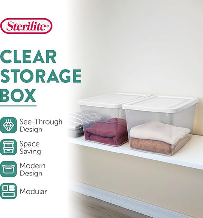 Sterilite 6-Pack Clear Storage Box, Stackable Container Bins with Lids, 20 Qt, White – Plastic Containers for Home, Closet, Bathroom, Classroom, and Office Organization