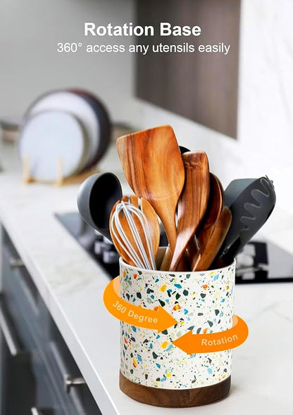 Nucookery 360°Rotating Utensil Holder, 7.2" Large Utensil Crock, White Ceramic Cooking Utensil Organizer,Farmhouse Kitchen Decor Christmas Thanksgiving Gift (Marble Pattern)