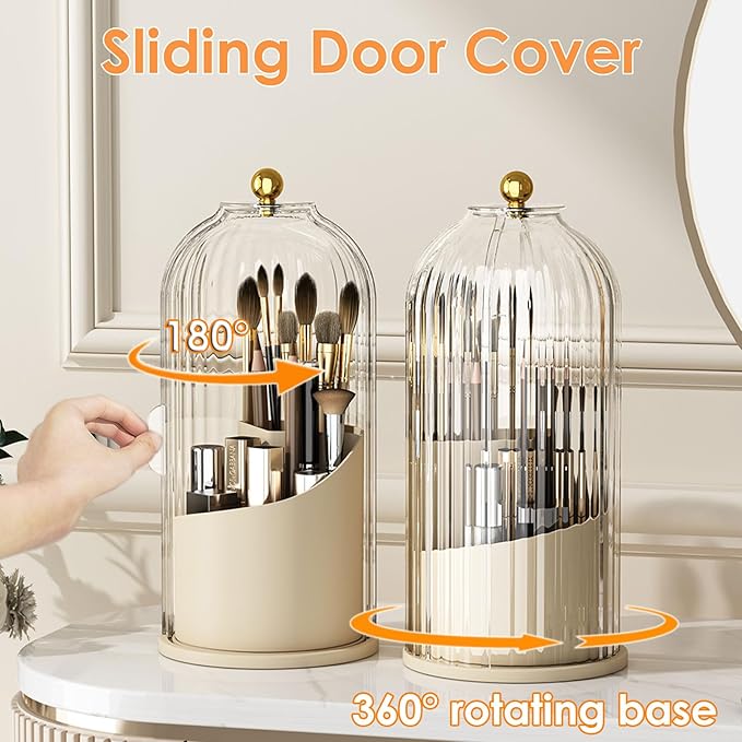 YOOLENS Makeup Brush Holder with Lid 360 Rotating Clear Dustproof Make Up Organizers for Vanity Bathroom Countertop, White Beige