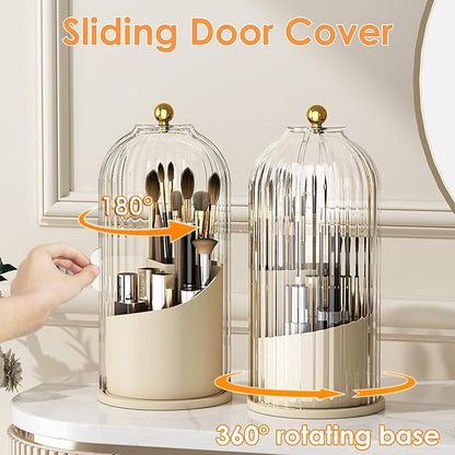 YOOLENS Makeup Brush Holder with Lid 360 Rotating Clear Dustproof Make Up Organizers for Vanity Bathroom Countertop, White Beige