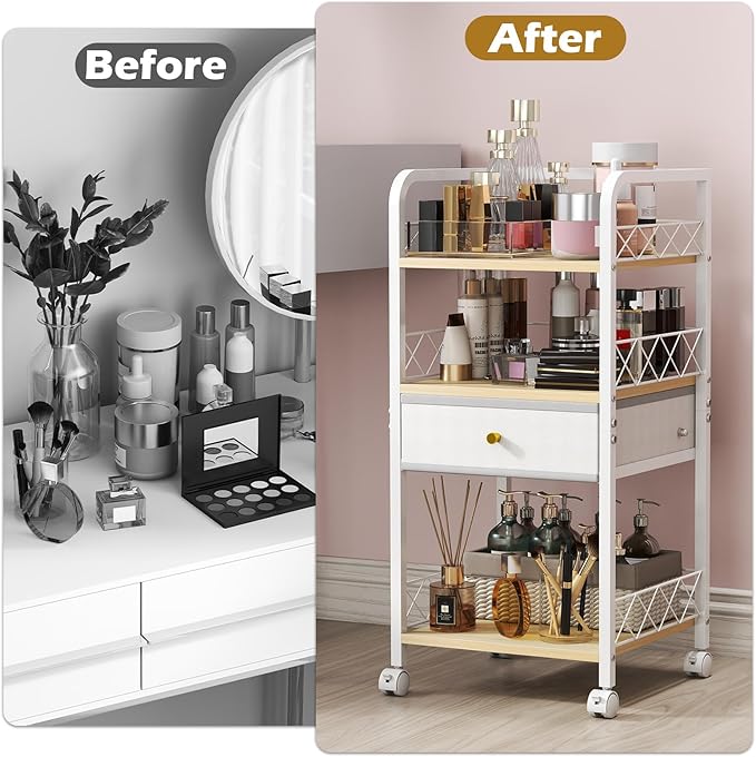 Makeup Organizer Rolling Cart with Drawer, Makeup Organizer on Wheels, Rolling Makeup Bathroom Storage Cart, Cosmetics Display for Nail Polish Makeup Brush