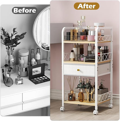 Makeup Organizer Rolling Cart with Drawer, Makeup Organizer on Wheels, Rolling Makeup Bathroom Storage Cart, Cosmetics Display for Nail Polish Makeup Brush