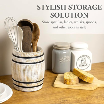 MyGift Wine Barrel Design Kitchen Utensil Holder Crock, Vintage White Washed Solid Wood Cooking Utensils Organizer