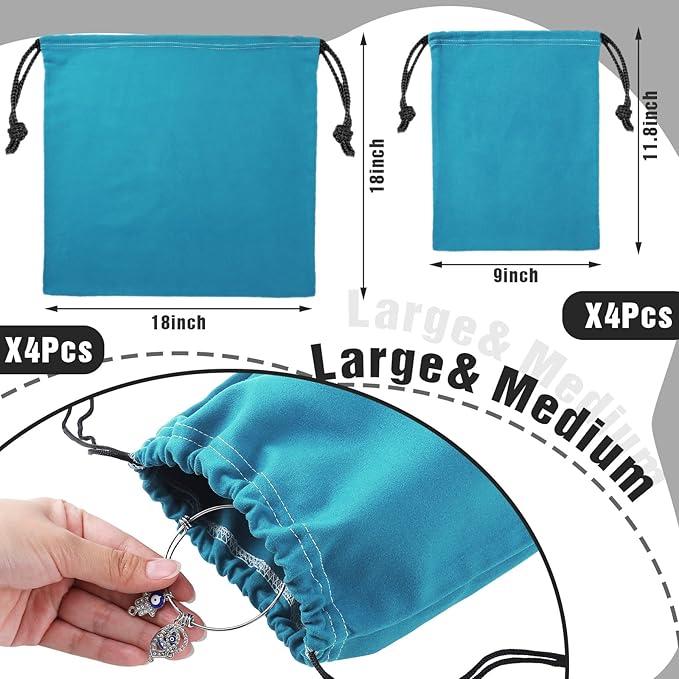 Fumete 8 Pcs Silver Storage Bags Anti Tarnish Storage Bags 18" x 18" 9" x 11.8" Silver Protector for Jewelry Silverware Protection Resistant Tarnish for Silverware Flatware (Peacock Blue)