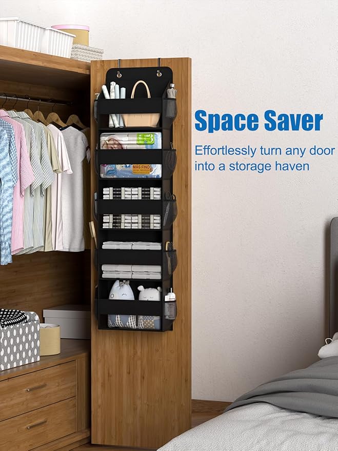 Over The Door Storage Organizer, RV Bathroom Organizer, Over The Door Organizer Camper Storage and Organization, 5 Shelf Hanging Over Door Organizer for Camper, Bathroom, Bedroom, Closet-Black