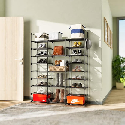 9 Tier Shoe Rack Shoe Storage Organizer Large Shoe Shelf for Entryway with Side Hooks, 50-55 Pairs Metal Shoe Racks Shoe and Boots Shelf for Closet