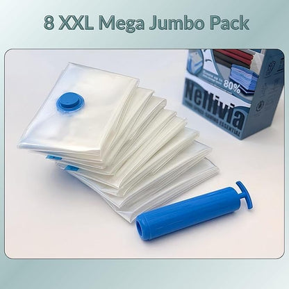 8 Mega Jumbo XXL Vacuum Storage Bags with Pump, Supersized Compression Space Saver for Comforter, duvet, Bedding, Blanket storage, Vacuum Seal Bags for Clothing, Durable Safe Poly Material