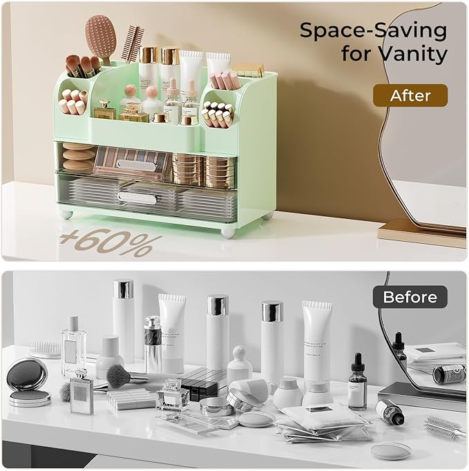 Makeup Organizer for Vanity with 2 Large Drawers, Cosmetic Display Case with Brush Holders, Easy to Storage for Bathroom Countertop Skincare, Perfume, Green