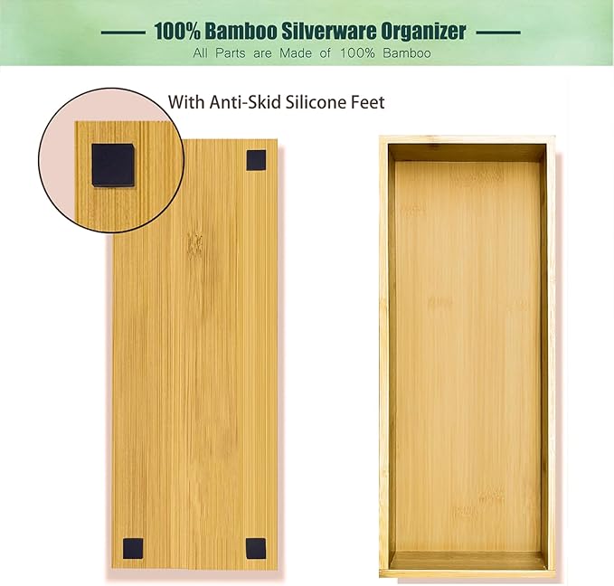 guiogc Bamboo Drawer Silverware Organizer, Utensil Organizer, Bamboo Storage Box Wood Silverware Tray for Drawer Set of 2
