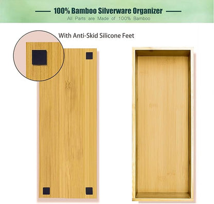 guiogc Bamboo Drawer Silverware Organizer, Utensil Organizer, Bamboo Storage Box Wood Silverware Tray for Drawer Set of 2