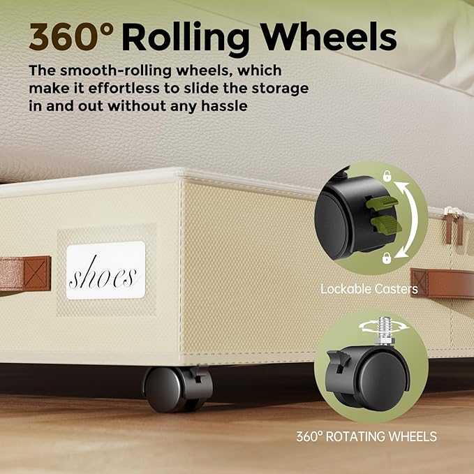 LAMU Under Bed Storage with Wheels, 2 Pack Under Bed Storage Containers with Clear Lids & Label, Rolling Under Bed Drawers for Clothes, Shoes, Blankets, Beige