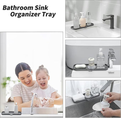 MicoYang Silicone Bathroom Soap Dishes with Drain Spout-Bathroom and Kitchen Sink Organizer,Sponge Holder,Dish Soap Tray,Perfect for Dispenser,Scrubber,Bottle,Cup on Sink or Counter-Grey 12"×4"