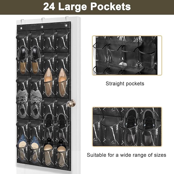 24 Pockets Over The Door Shoe Organzier, Hanging Shoe Rack for Door Large Capacity Shoe Organizer Holder with 3 Metal Hooks Black