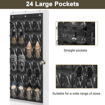 24 Pockets Over The Door Shoe Organzier, Hanging Shoe Rack for Door Large Capacity Shoe Organizer Holder with 3 Metal Hooks Black