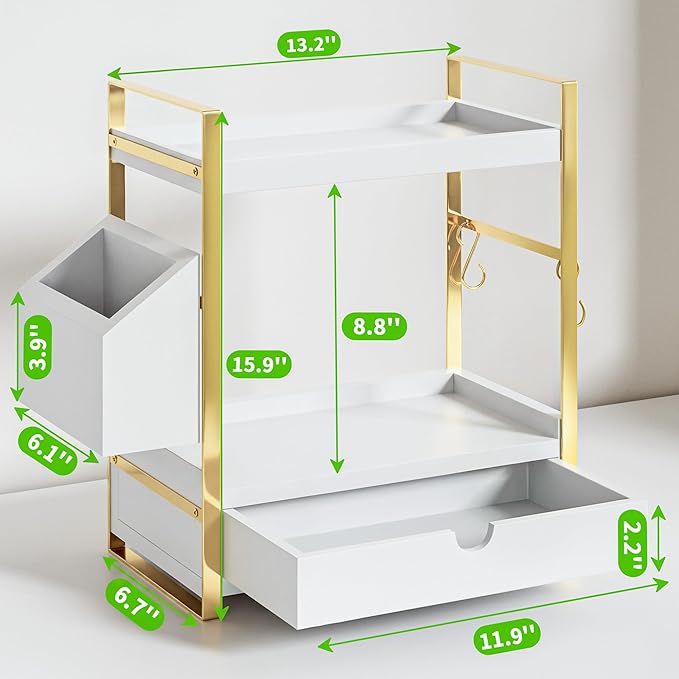 2-Tier Bathroom Counter Organizer with Drawer and Basket, Wood Countertop Organizer for Storage, Skincare Organizers for Vanity, Counter Shelf for Bathroom Organization(White-gold)