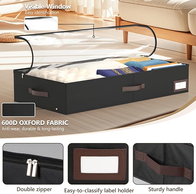 OIAHOMY 2 Pack Under Bed Storage with 4 Compression Bags, Underbed Organizers for Bedroom & Closet, Fits Beds Higher than 5.9", Space-Saving for Seasonal Clothes, Blankets & Shoes - Black