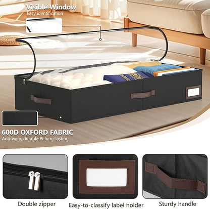 OIAHOMY 2 Pack Under Bed Storage with 4 Compression Bags, Underbed Organizers for Bedroom & Closet, Fits Beds Higher than 5.9", Space-Saving for Seasonal Clothes, Blankets & Shoes - Black