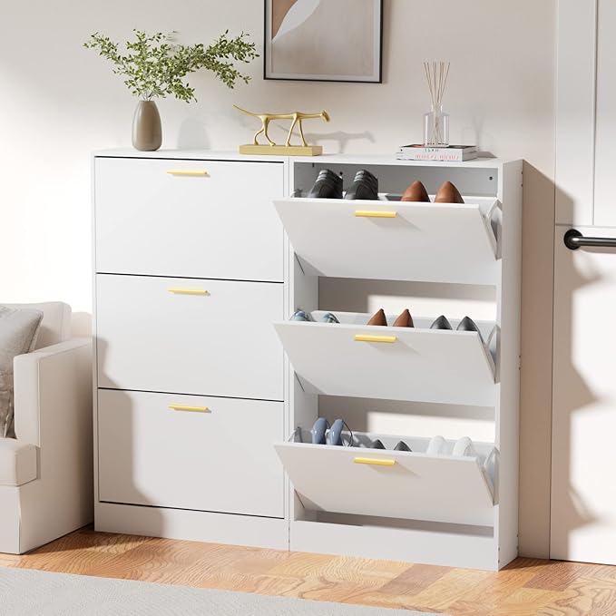 JOZZBY Shoe Cabinet Storage with 3 Flip Drawers for Entryway, White Slim Freestanding Modern Narrow Shoe Organizer Rack Cabinet for Hallway, Living Room, Set of 2