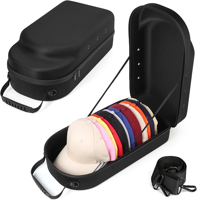 GERMUN Hard baseball hat case, Hat Carrier Travel Case with Adjustable Shoulder Strap, Hat cap case for 12 Baseball Caps - Perfect for Traveling & At-Home Storage (Black)