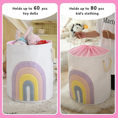 Pink Baby Hamper, XL Canvas 58L Laundry Basket with Drawstring Closure, Boho Rainbow Decor