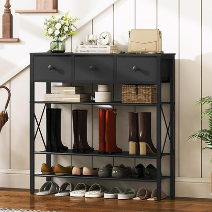 YATINEY 5-Tier Shoe Rack with 3 Drawers, Metal Shoe Organizer for 20 Pairs with Storage Shelves and Wooden Top, for Entryway, Hallway, Foyer, Closet, Black SS35BB