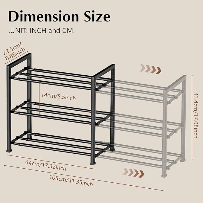 hotqueen 3-Tier Expandable Shoe Rack, 17"-41" Adjustable Shoe Shelf Storage Organizer, Heavy Duty Metal Free Standing Shoe Rack for Entryway Closet Doorway, Suitable for Families & Renters