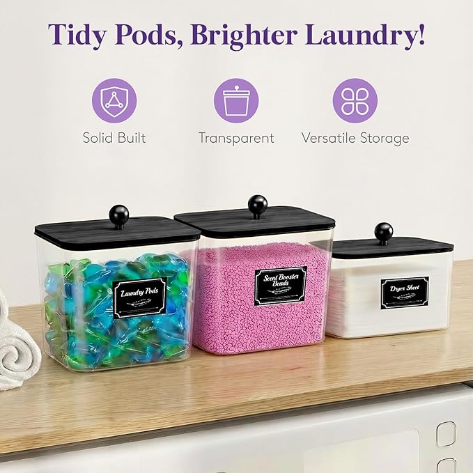 Lifewit Laundry Pods Container with Lid, Dryer Sheet Holder, Room Organization Storage for Coffee Pods Kcup Washing Powder, Scent Booster Beads, 2600 +2000ml/0.53+0.7gal，Black,2 Pcs