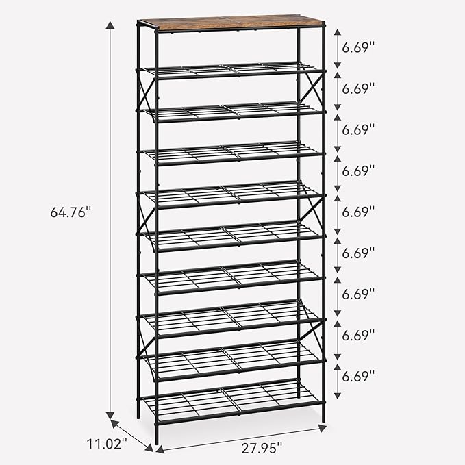 IBUYKE 10 Tier Shoe Rack, Large Capacity Shoe Storage Organizer for 40 Pairs of Shoes, Metal Shoe Storage Rack with Shelf for Entryway Hallway Closet Garage, Rustic Brown and Black TXJ010H