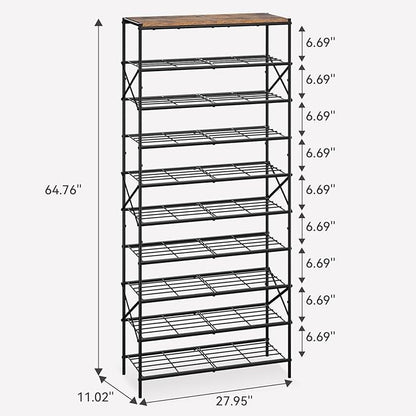IBUYKE 10 Tier Shoe Rack, Large Capacity Shoe Storage Organizer for 40 Pairs of Shoes, Metal Shoe Storage Rack with Shelf for Entryway Hallway Closet Garage, Rustic Brown and Black TXJ010H