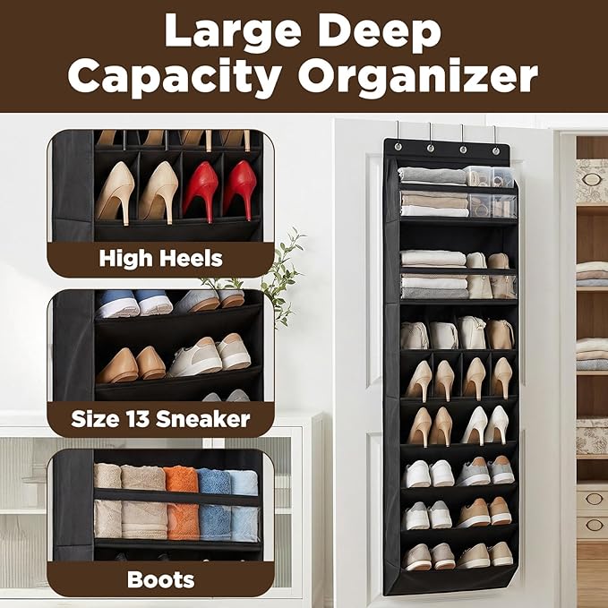 8 tiers Door Back Organizer, Multifunction Over the Door Hanging Shoe Rack with Oxford Fabric Deep Pockets, 66.9 x 16.5 x 5.9 Inches Storage Organizer (Black)